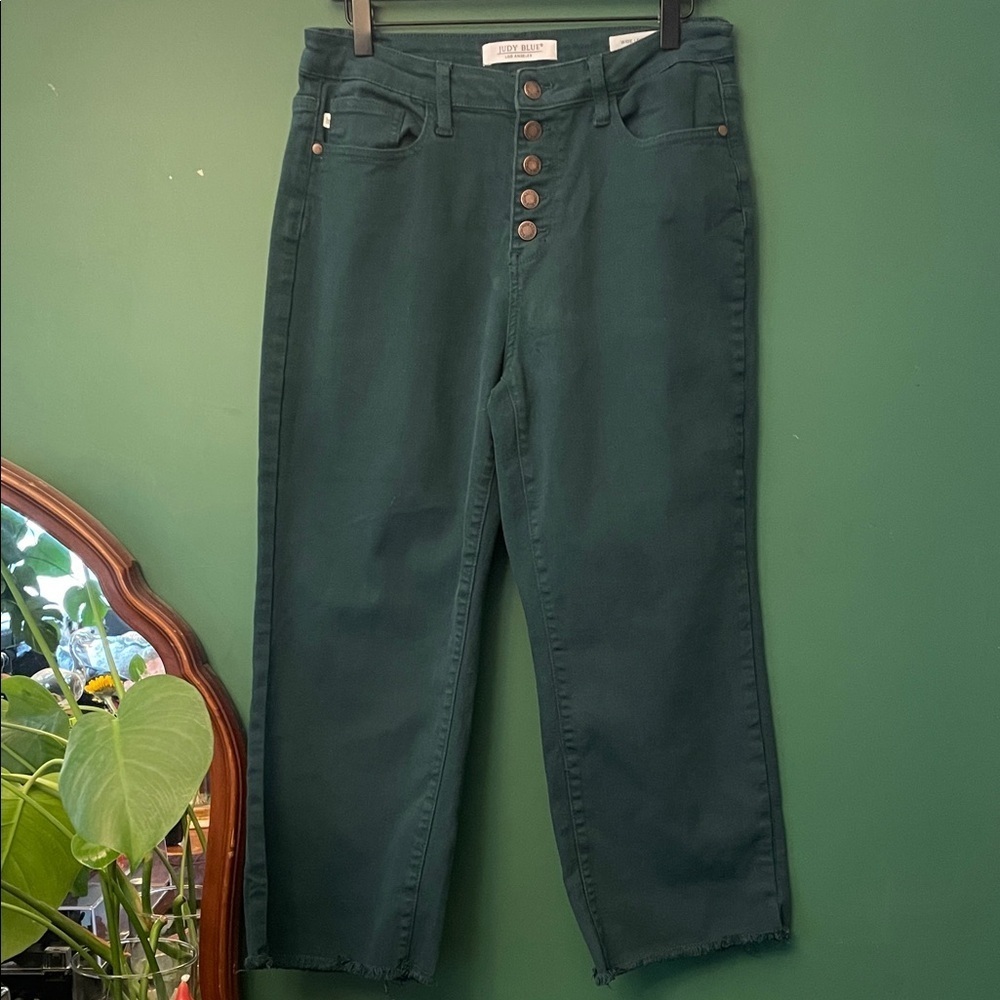 Judy Blue Wide Leg Crop Womens 11/30 Teal Green Exposed Button Fly Raw Hem Jeans